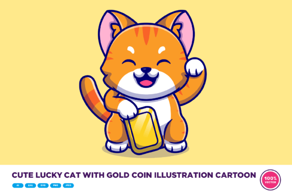 Cute Lucky Cat with Gold Coin Graphics & Illustrations