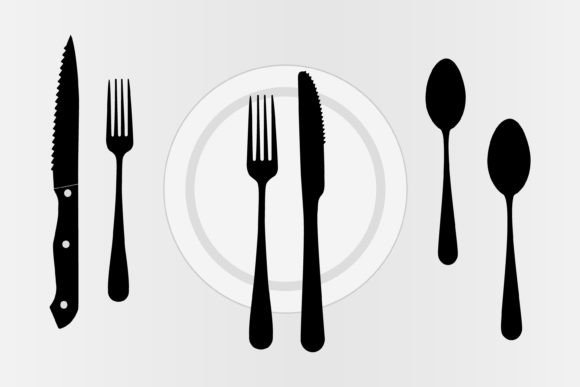Spoon, Forks, Knife, and Plate Set Icons: Graphics & Illustrations